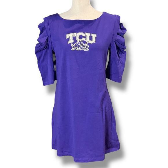 Y2K NOS TCU Mini Sheath Dress Womens Purple White Logo Ruffle Sleeves Size L - Picture 3 of 6